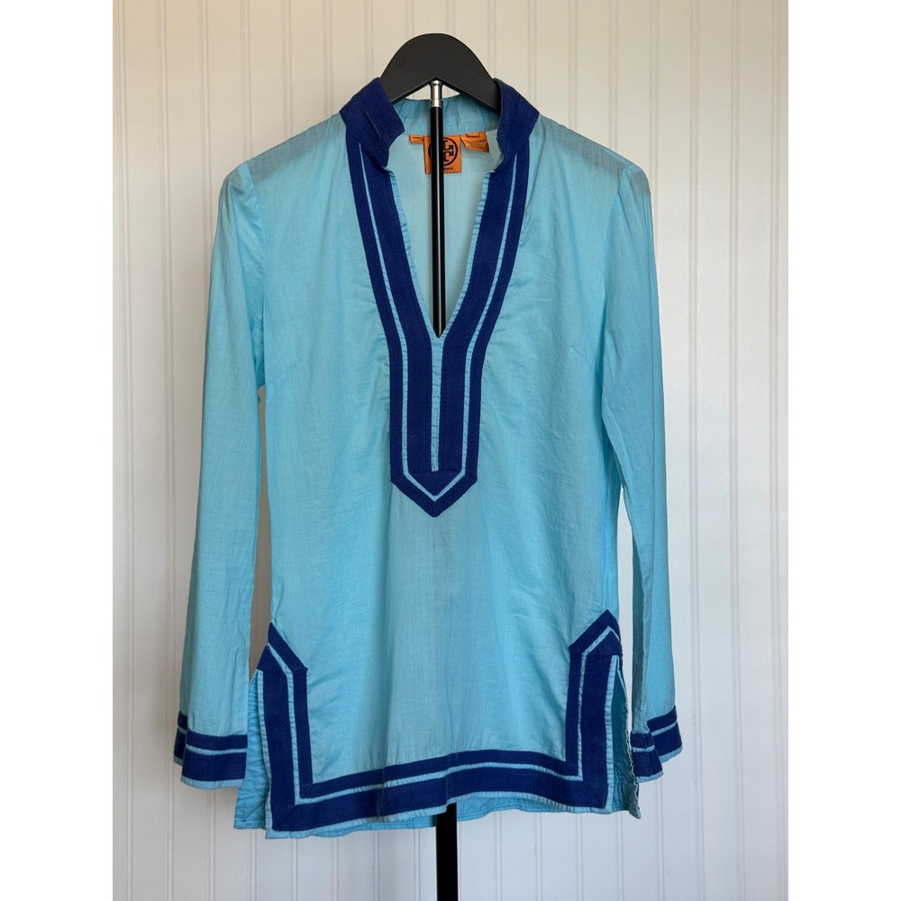 Tory Burch 100% Cotton Blue Tunic Resort Beach Cover Up Contrast Trim Size 4